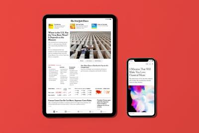 new york times page on tablet and phone image