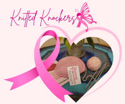 text knitted knockers image of knitted knocker in a heart frame with breast cancer awareness ribbon