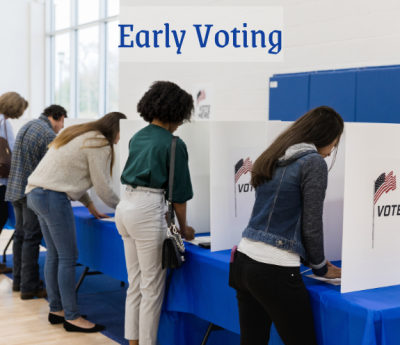 Several people are in voting booths, and there is a caption saying Early Voting at the top.