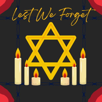 Lest We Forget with an image of a Star of David, candles and barbed wire