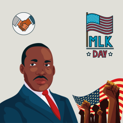 Drawing of Martin Luther King Jr., two people shaking hands, a group of fists in front of an American flag, and a flag labeled MLK day.