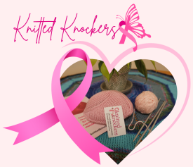 text knitted knockers image of knitted knocker in a heart frame with breast cancer awareness ribbon