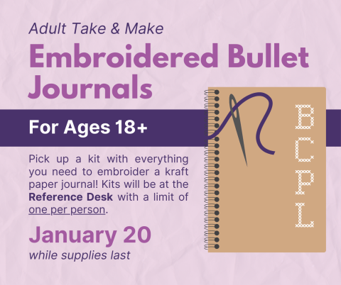 Embroidered bullet journal post with a purple background and a brown journal