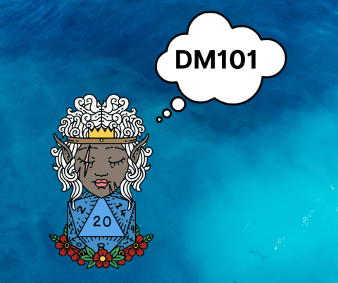 an elf next to a d20 has a thought bubble that says DM101