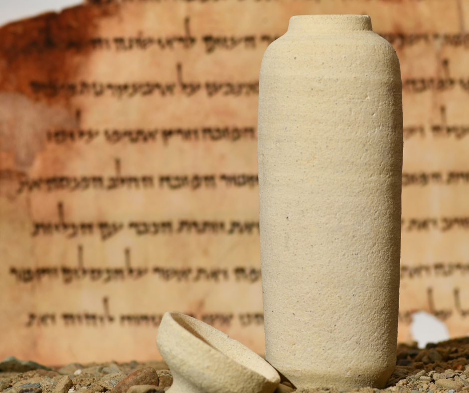 Clay pot with an image of an ancient scroll in the background