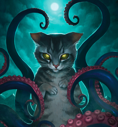 cat with glowing eyes surrounded by tentacles with a teal background