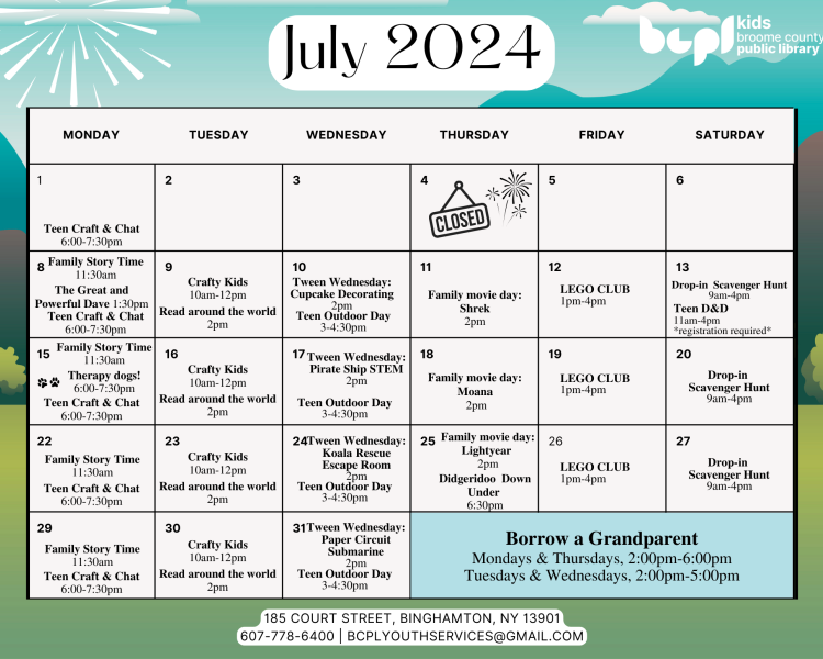 youth services July 2024 calendar of events