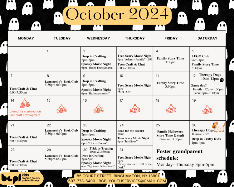 youth services October 2024 calendar of events