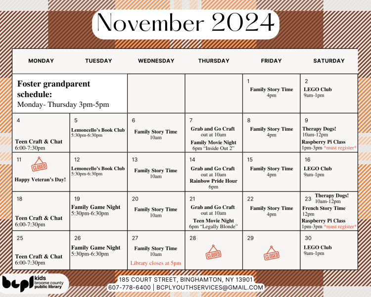 November 2024 Youth Services Calendar of Events