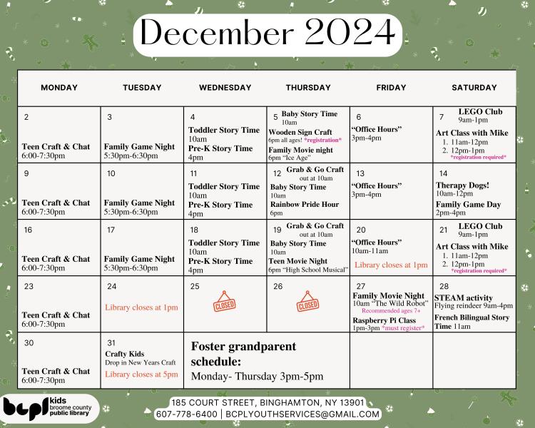 youth services December 2024 calendar of events