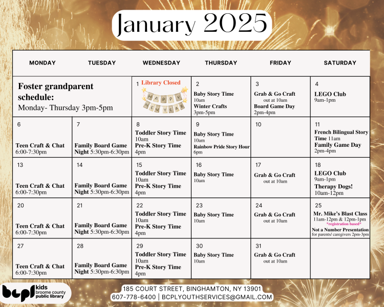 youth services January 2025 calendar of events